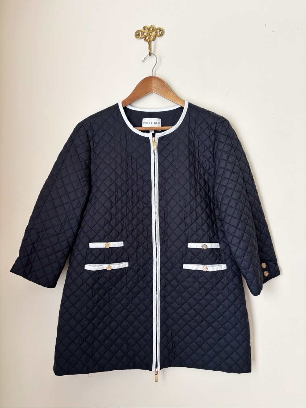 Patty Kim Black & White Quilted Zip Front Jacket Large Classic Preppy